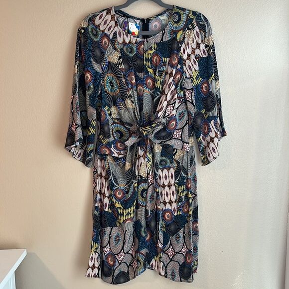 NWT Womens Desigual Mina 3/4 Sleeve Geometric Tie Front Dress size 44 (US 10) - Picture 5 of 15